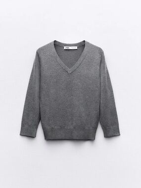 Zara 3/4 Sleeve V-Neck Knit Grey Sweater Size Small